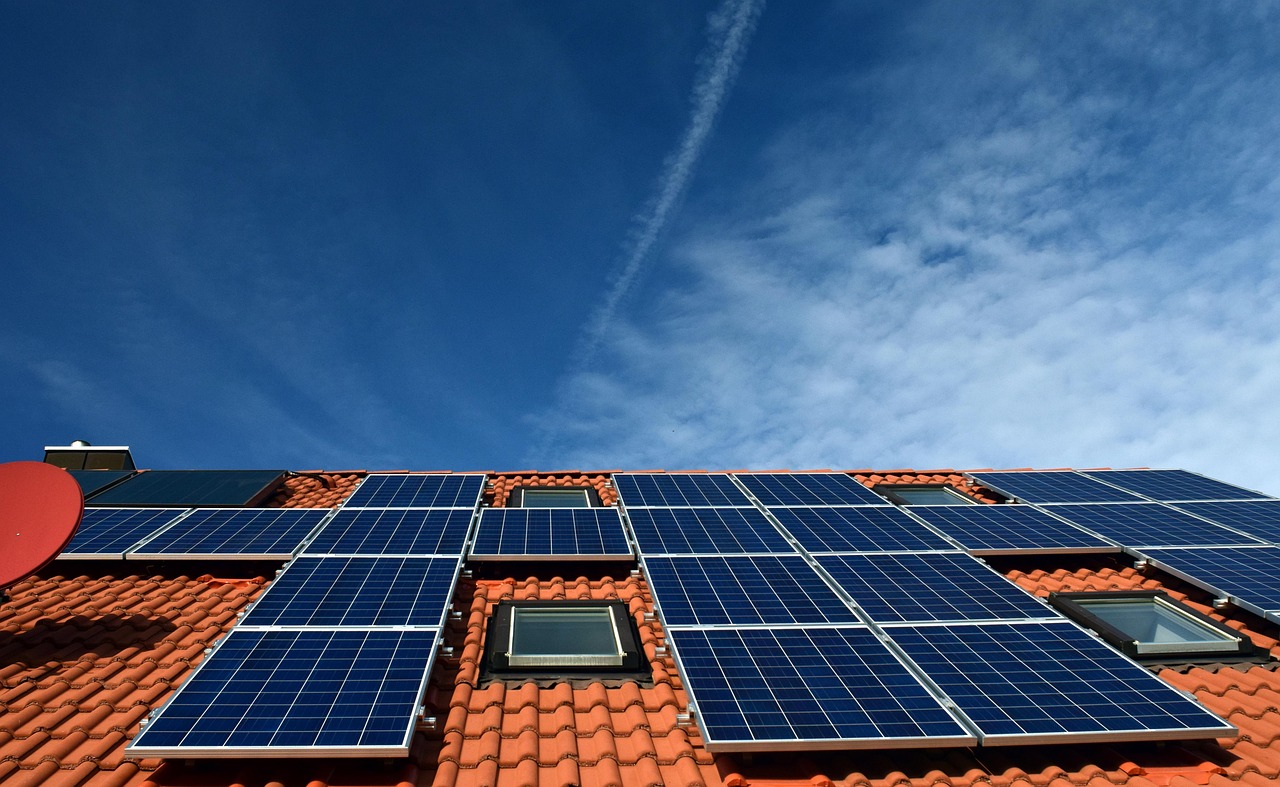 solar system, roof, power generation, solar power, solar cells, energy, electricity, house, solar energy, solar panel, energy transition, blue, renewable, housetop, technology, nature, environmentally friendly, electricity generation, heaven, clouds, sun, roof tiles, roof panels